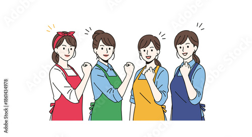 Group of four women in diverse colorful aprons cheering with fists raised showing teamwork and empowerment against white background.