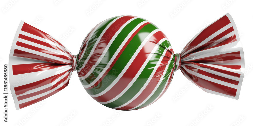 Obraz premium Red green and white striped candy with bows red and green stripes isolated on a transparent background