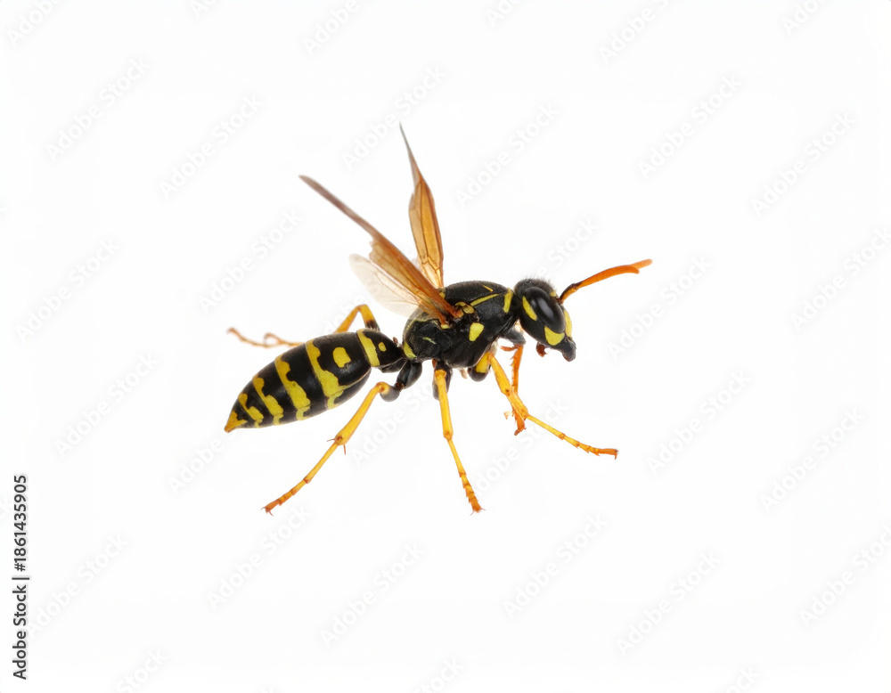 Fototapeta premium Wasp Close Up, Yellow Black Insect Macro on White Background No Shadow