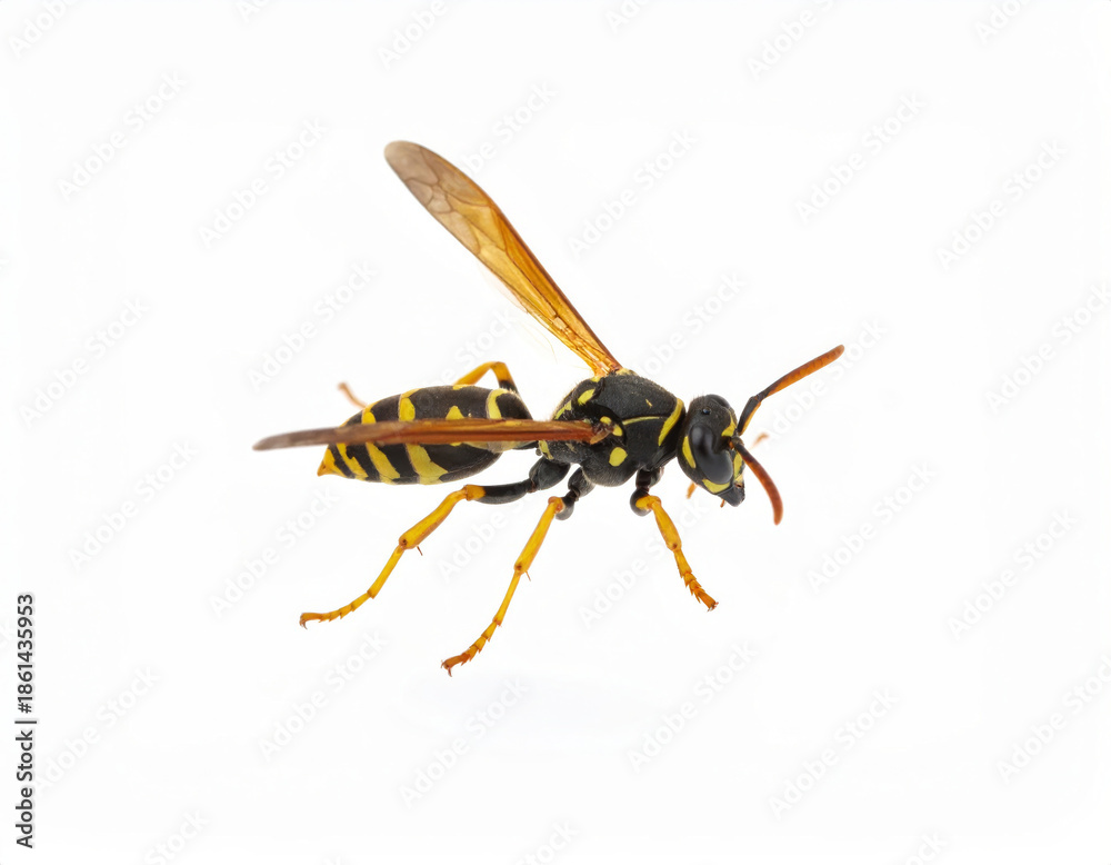 Fototapeta premium Wasp Close Up, Yellow Black Insect Macro on White Background No Shadow