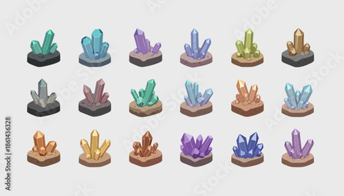 Vibrant Isometric Gemstone Crystal Collection Illustrations for Game Assets, Digital Art, and Fantasy Design Projects. A Diverse Array of Magical Mineral Icons for UI and UX Elements