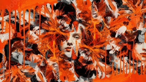 Abstract expressive portrait painting with strong orange tones and dynamic textures