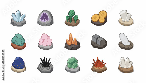 Collection of illustrated mineral and crystal icons for graphic design