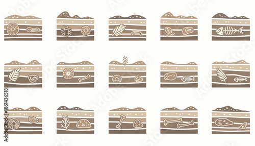 Intricate historical timeline illustrations featuring layered earth cross-sections revealing ancient artifacts and archaeological discoveries through time