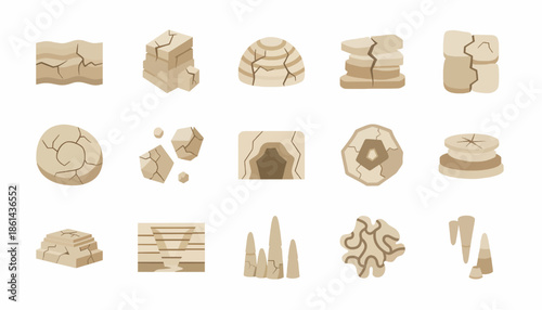 Stylized Cartoon Rock and Cave Formations Vector Set Diverse Geological Elements for Game Assets and Nature-Themed Graphic Design Projects