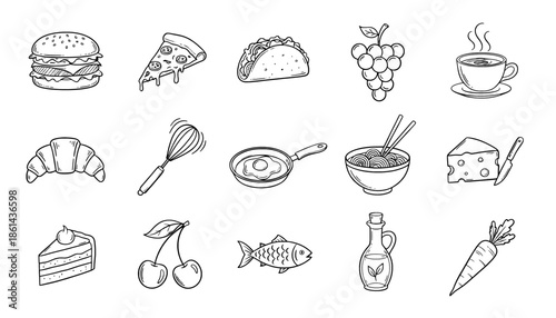 Diverse outline food and drink icons. Minimalist vector set