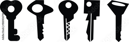 Antique key silhouettes. Medieval and modern keys, black vintage shapes set. Open door symbols,privacy and escape. Abstract tidy vector elements Mixed Keys Silhouettes and Keys black white vector icon