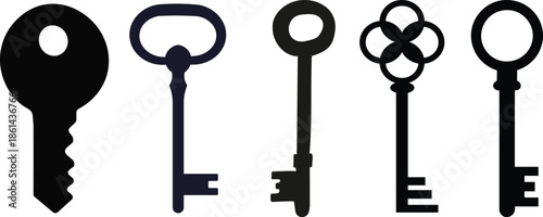 Antique key silhouettes. Medieval and modern keys, black vintage shapes set. Open door symbols,privacy and escape. Abstract tidy vector elements Mixed Keys Silhouettes and Keys black white vector icon