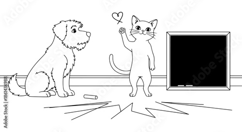Cute cat and dog by a chalkboard, ready for school Vector