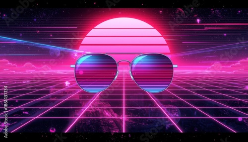 Vibrant synthwave design with neon pink sunglasses reflecting a futuristic grid landscape and striped sun backdrop