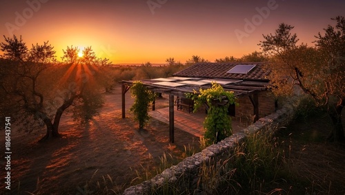 Sunset over a tropical resort landscape.