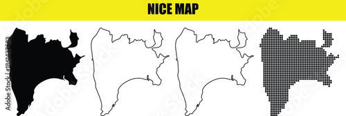 Nice map silhouette with outline and dotted pattern vector illustration french city geography and cartography icons set