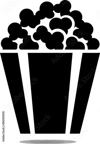 Black silhouette icon of large cinema popcorn container filled with fluffy popped corn kernels snack ready for film screening isolated on clear background