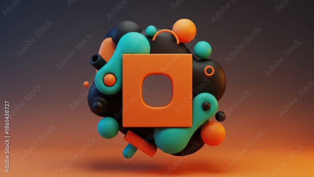 Naklejka premium Vibrant 3D rendering of colorful balls and shapes with a large orange square