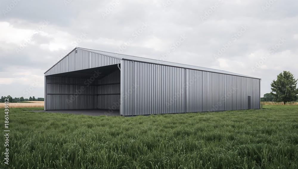 Obraz premium Agricultural Storage Facility: Large Metal Shed Standing on Green Grass Field