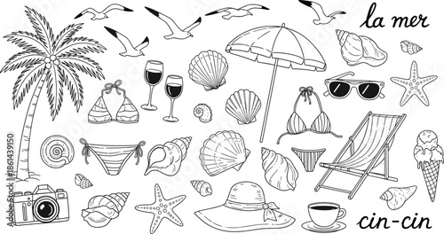 Summer beach doodle set, hand drawn palm tree, bikini, shell, umbrella, chair, ice cream, vintage sketch travel holiday icons.