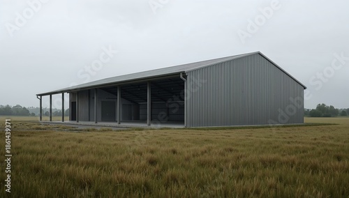 Large Industrial Gray Metal Warehouse Building in Open Green Field Under Cloudy Sky