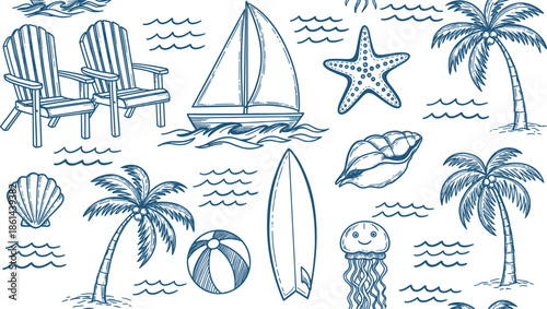 Summer beach doodle set, hand drawn palm tree, sailboat, chair, starfish, surfboard, marine waves, vintage sketch style,