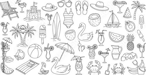 Summer beach vacation doodle set, hand drawn palm tree, cocktail, swan, watermelon, crab, vintage sketch style, flat vector illustration art.