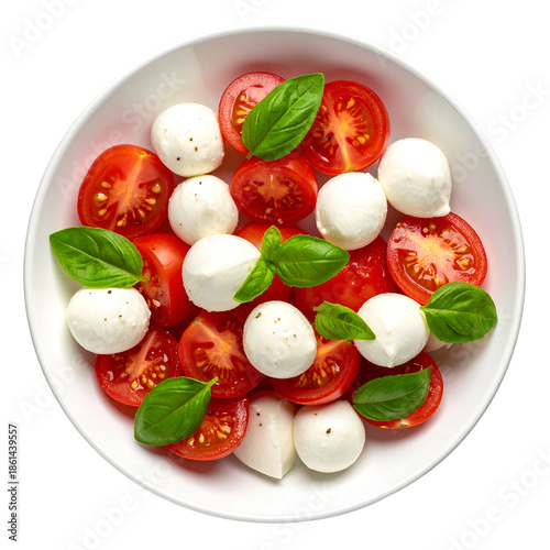 Fresh caprese salad with halved tomatoes, mozzarella balls, and basil leaves in a bowl
