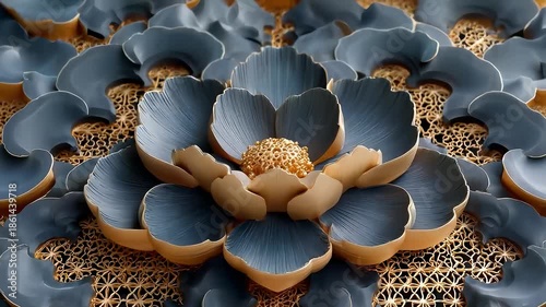 Luxury 3D Blue and Gold Blooming Flower Abstract Art Animation