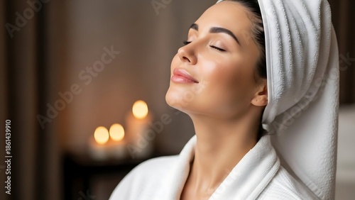 Woman Relaxing with Towel on Head.