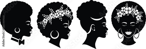 Afro woman silhouette set, black beauty profiles, natural curly hair, floral wreath, fashion female vector collection for salon.