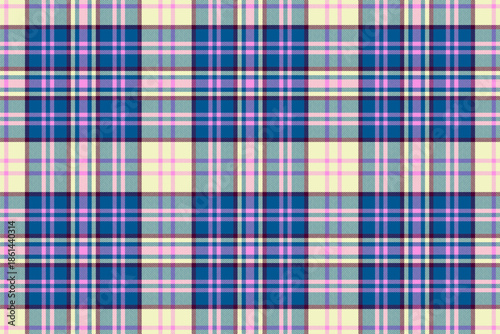 Seventies background pattern fabric, yard texture plaid check. Deluxe seamless vector tartan textile in cyan and light colors.