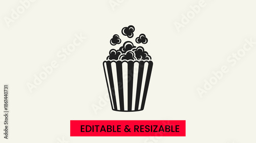 Minimalist popcorn bucket with kernels outline, editable and resizable vector icon for snack industry branding on light background