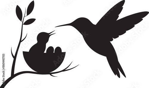 Black silhouette of hummingbird feeding baby bird in nest on tree branch with leaves vector