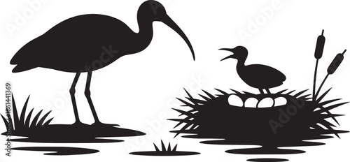 Long beak bird silhouette watching over nest with chick and eggs by marsh water and reeds
