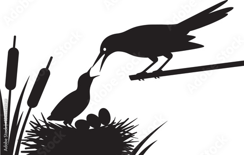 Silhouette of bird feeding chick in nest with cattails aquatic landscape vector illustration