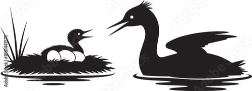 Silhouette of mother bird with chicks in nest on water checkered background