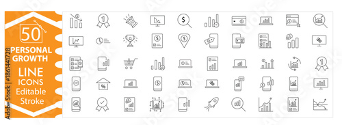 Personal Growth Icons. Line and Glyph Icons for Self Improvement, Skill Development, Goal Setting, Mindset, Training, Learning, Journeys and Life Milestones Editable Stroke Vector Format. 