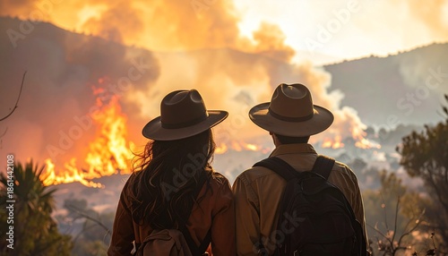 Rear view of a concerned couple with hats and backpacks observing a dramatic wildfire. The large forest fire with orange flames and smoke represents environmental disaster and climate change.