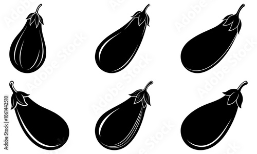 Five Black Eggplant Silhouettes on White Background vegetable 1