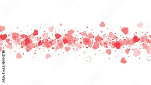 Red and pink hearts scattered on a horizontal line isolated on transparent background