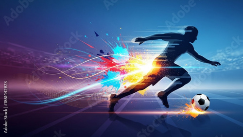 Dynamic soccer player kicking ball with vibrant colorful explosion
