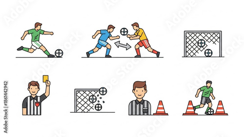 Soccer players in action with referees and cones