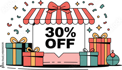 Storefront awning displays a large thirty percent off sale announcement surrounded by wrapped present boxes and falling confetti.