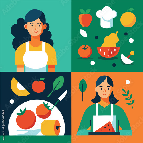 Woman cooking with fresh fruits and vegetables in a colorful illustration