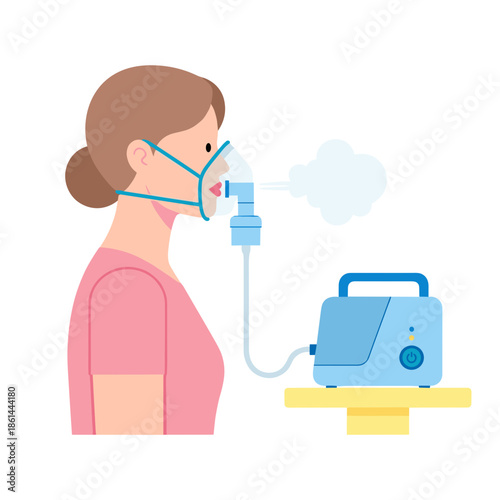 Woman using nebulizer for lung treatment in medical setting  