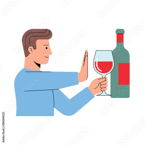 Man rejecting alcohol with gesture while holding wine glass and bottle  
