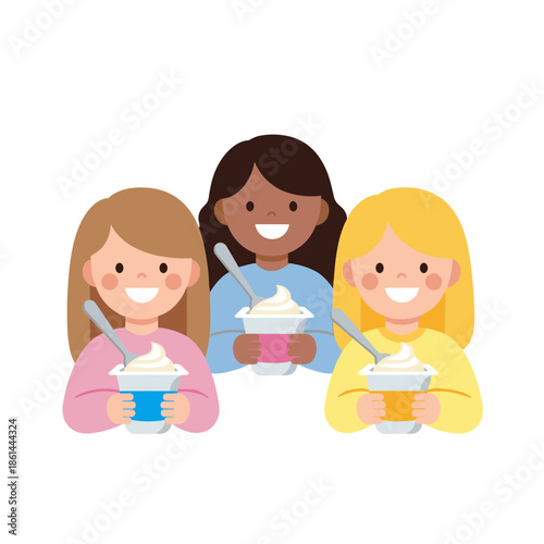 Three girls happily holding yogurt cups with spoons over white background  