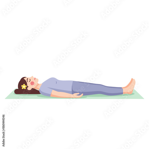 Young woman lying in corpse pose on yoga mat in a calm setting  