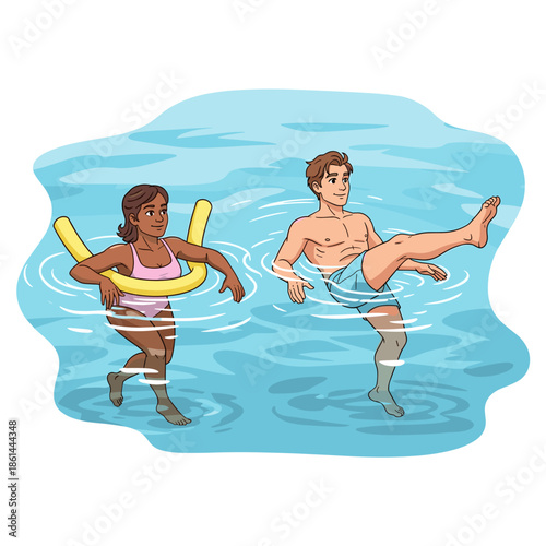 Two people exercising in pool water during hydrotherapy session  