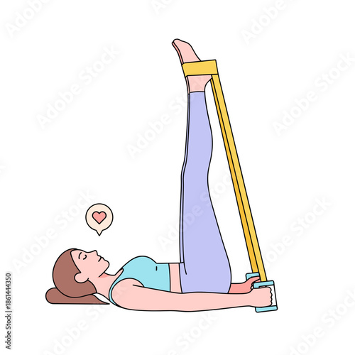 Young woman doing leg raises with resistance band on white background  
