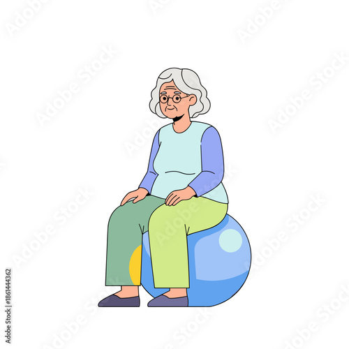 Elderly woman sitting on colorful therapy ball with neutral expression  