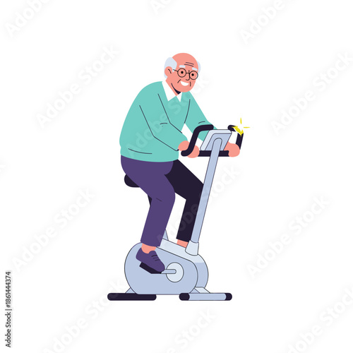 Elderly man exercising on stationary bike indoors with a smile  