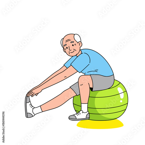 Elderly man stretching on green exercise ball while smiling indoors  